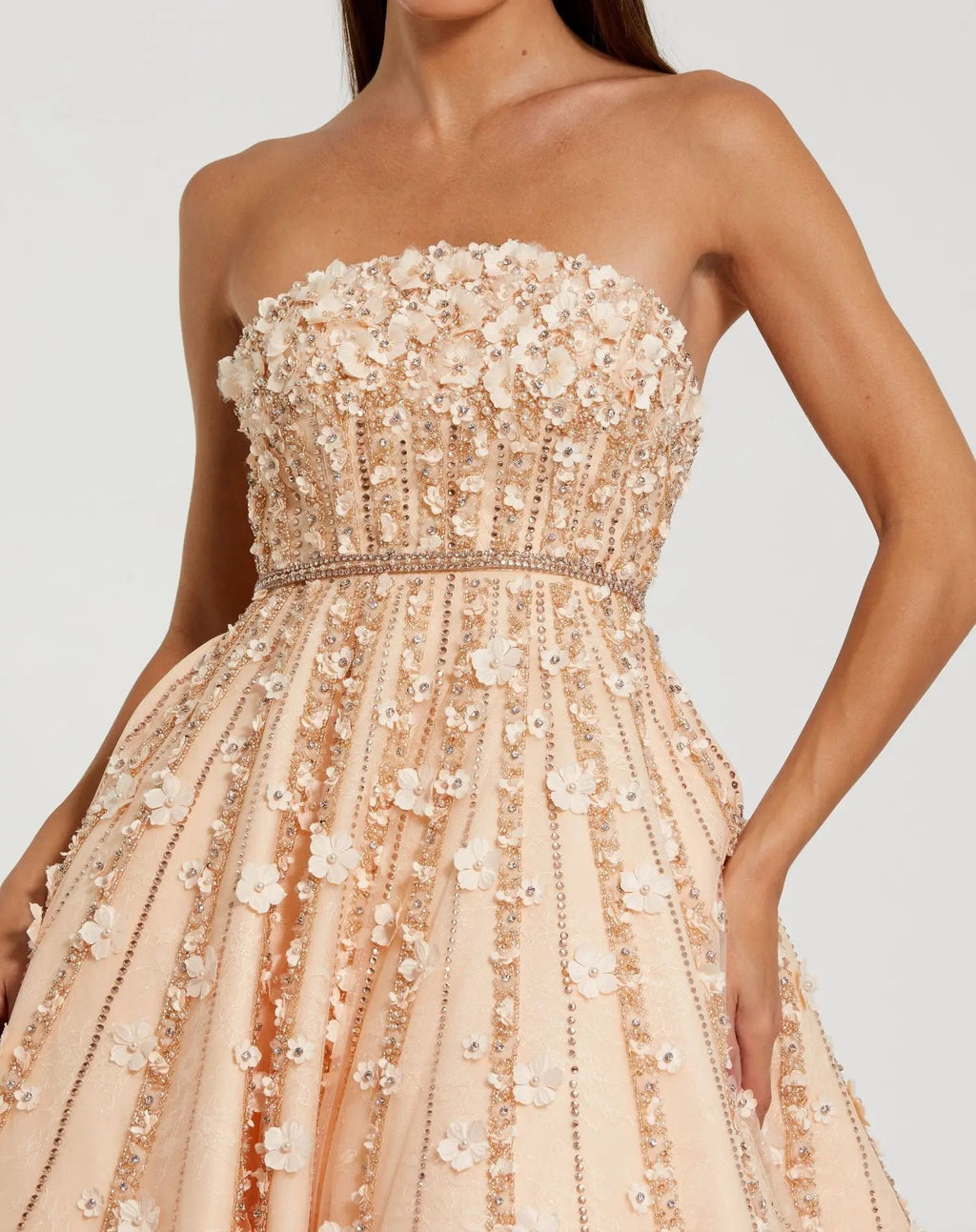 Beige Embellished Lace Strapless A Line Midi Dress