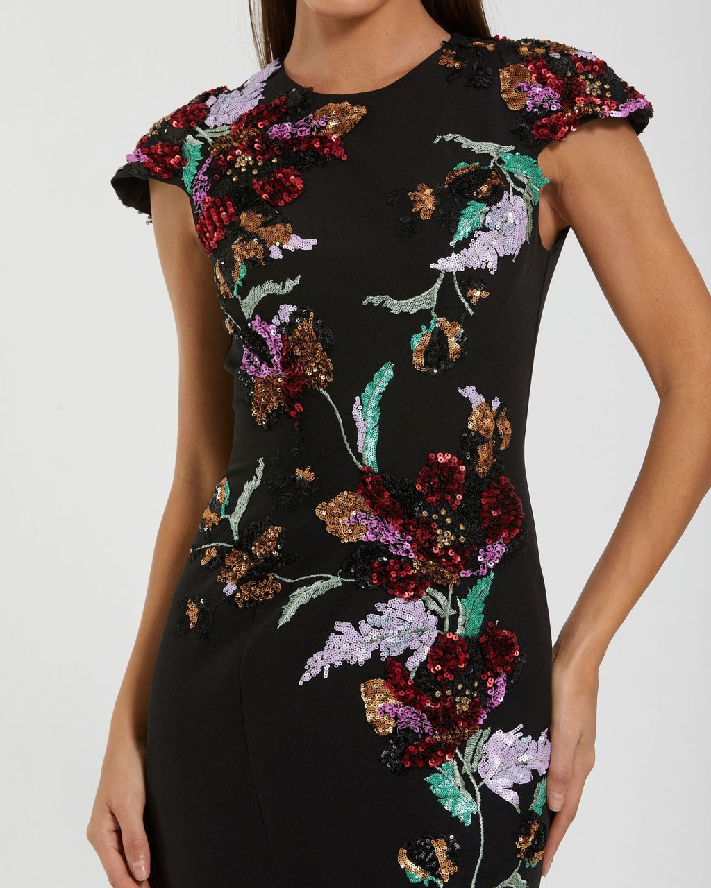 Black Floral Sequin Embellished Trumpet Gown