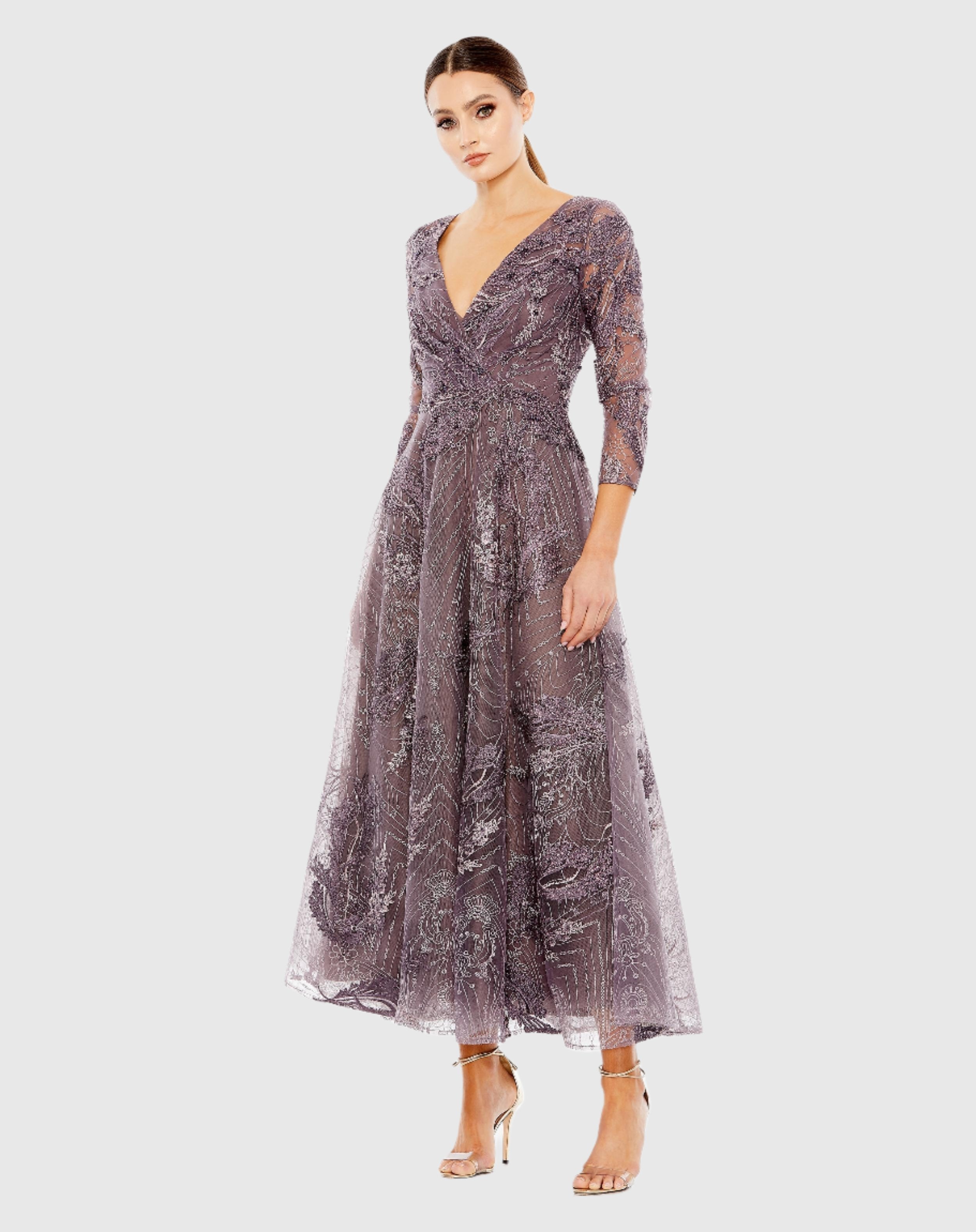 Purple Embellished Wrap Over 3/4 Sleeve Dress