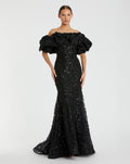 Black Beaded Mermaid Gown With Off The Shoulder Ruffle