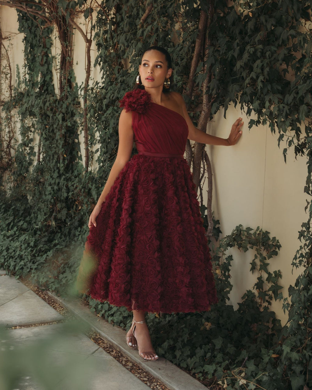 Red One Shoulder Rosette A Line Midi Dress with 3D Flower