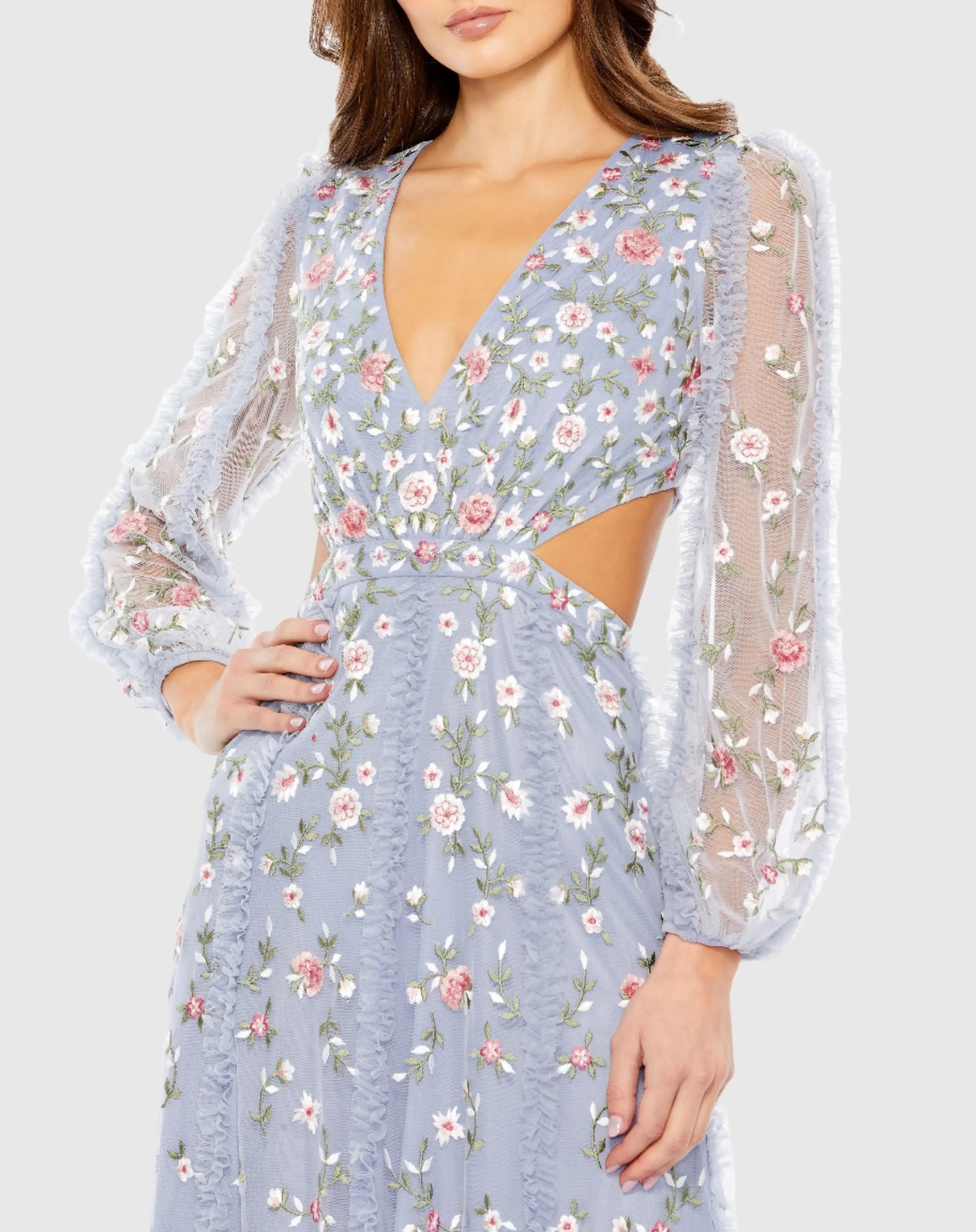 Purple Long Sleeve Embellished Cut Out A-Line Gown