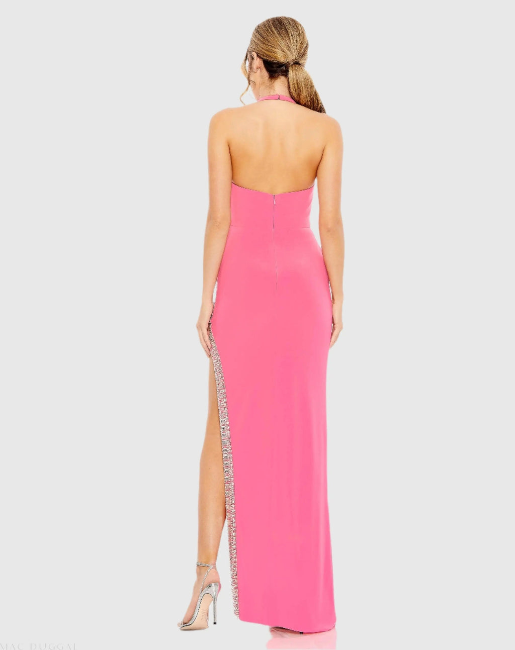 Pink Jersey Halter Neck Beaded Slit Detail Gown - FINAL SALE