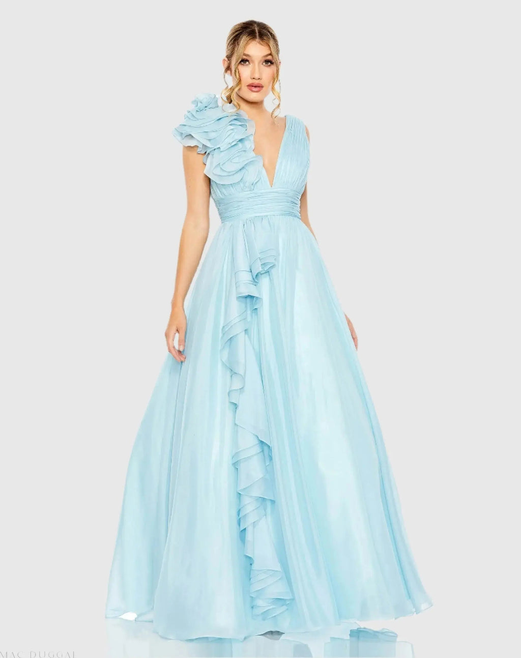 Light Blue Ruffle Shoulder V-Neck Chiffon Gown