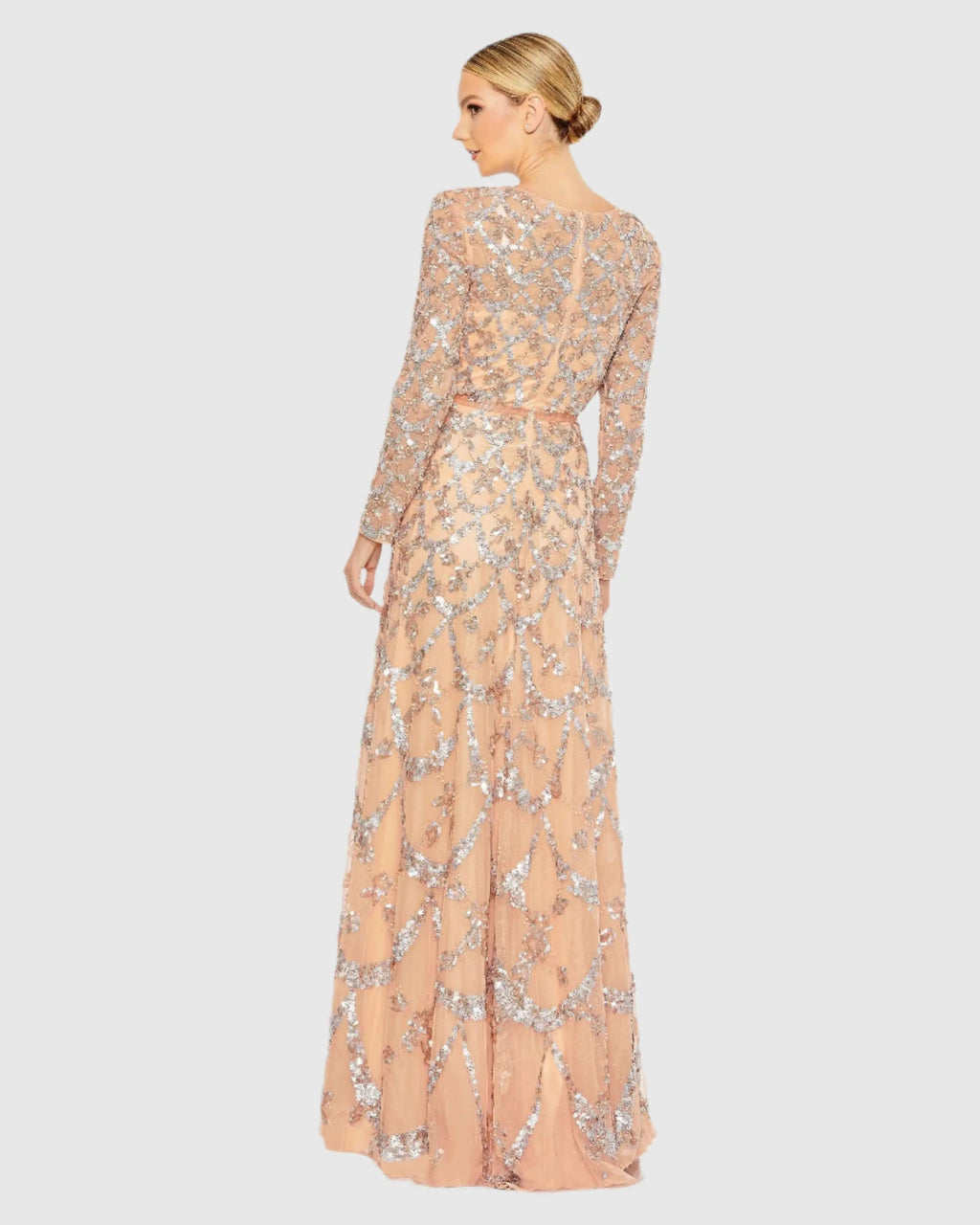 Pink Embellished Illusion High Neck Long Sleeve A Line Gown