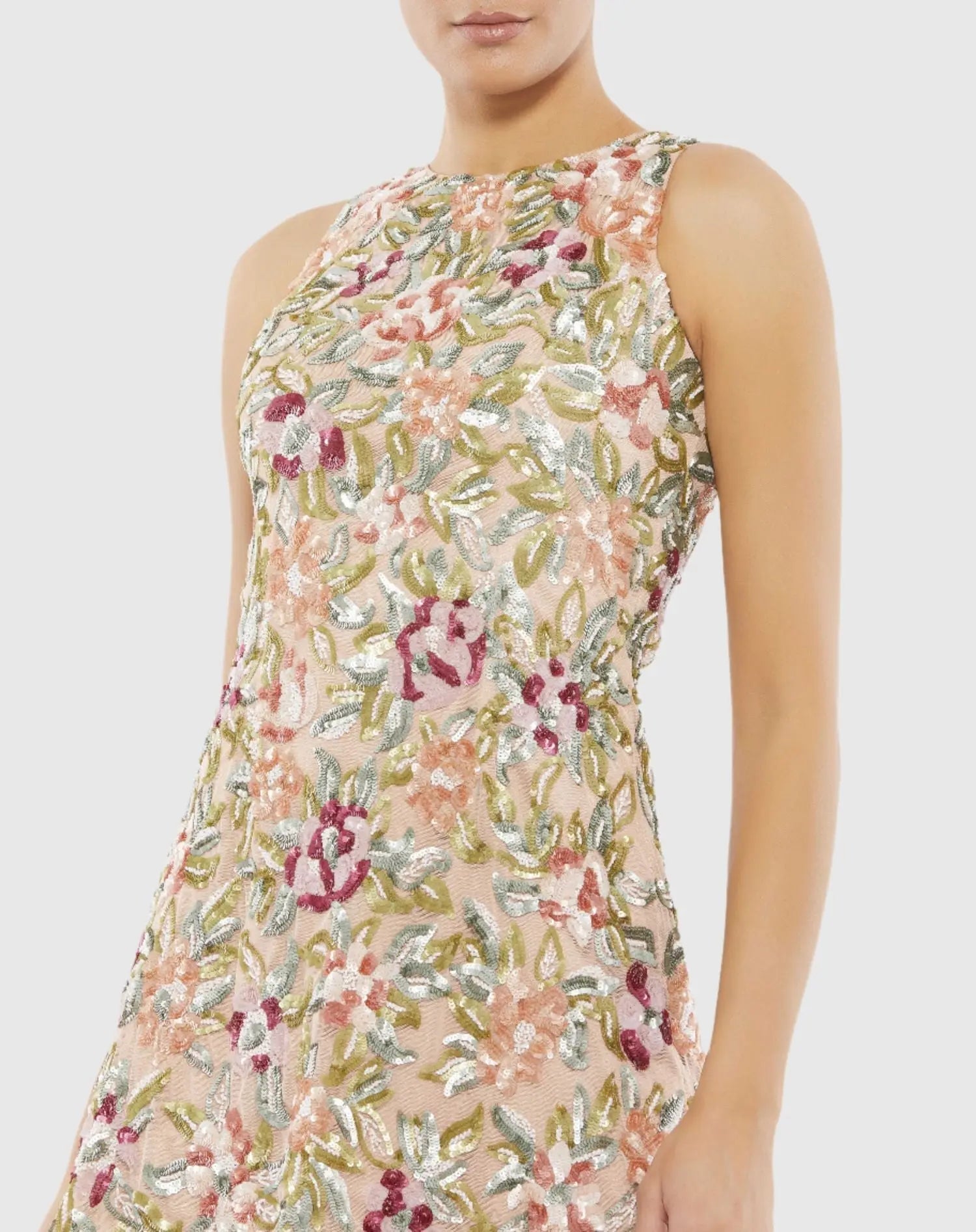 Pink Sequined Floral Detail Sleeveless Mini Dress