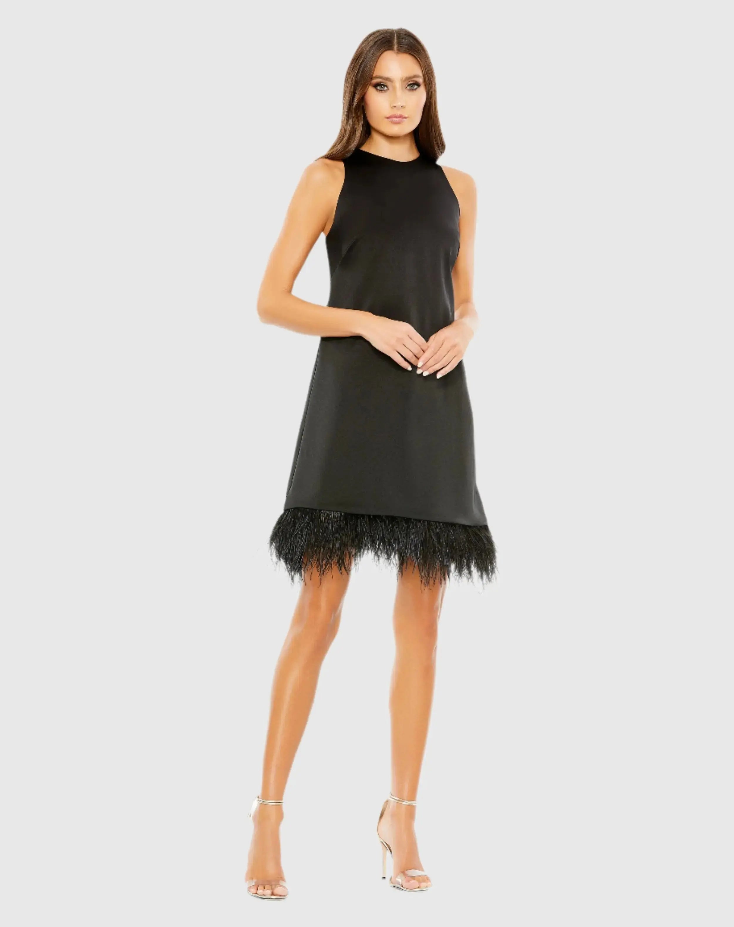 Black Feathered Hem High Neck Sleeveless Trapeze Dress - Final Sale