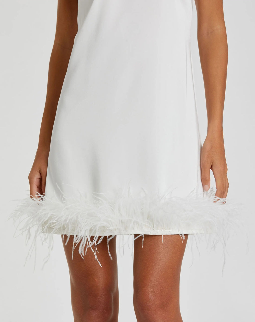 White Feathered Hem High Neck Sleeveless Trapeze Dress - Final Sale