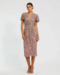 Purple Embellished Faux Wrap Flutter Sleeve Dress