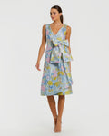 Blue Floral Brocade Sleeveless Midi Dress With Bow