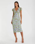 Blue Floral Sequin Embellished Flutter Cap Sleeve Dress