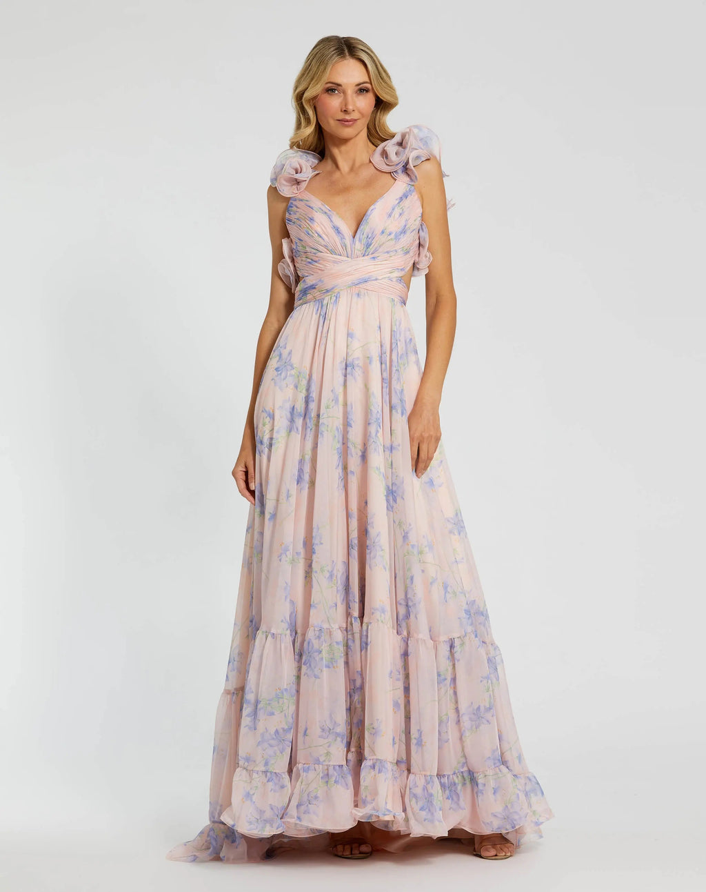 Pink Ruffle Tiered Cut-Out Chiffon Floral Dress