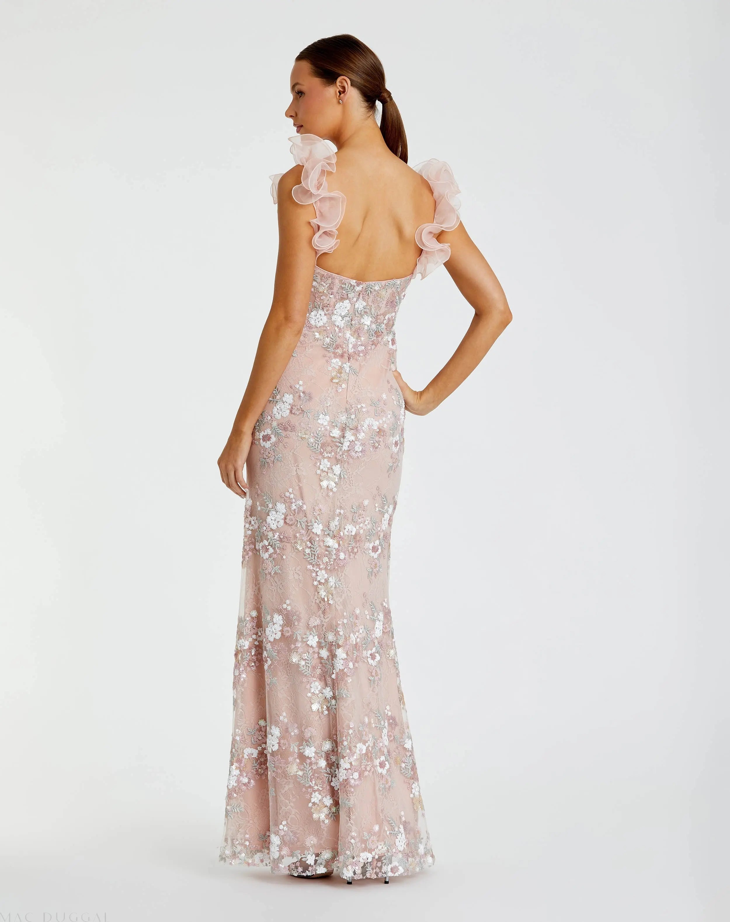 Pink Embroidered Floral Column Gown with Ruffle Straps