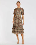 Beige Floral Midi Dress with Ruffle Detailing