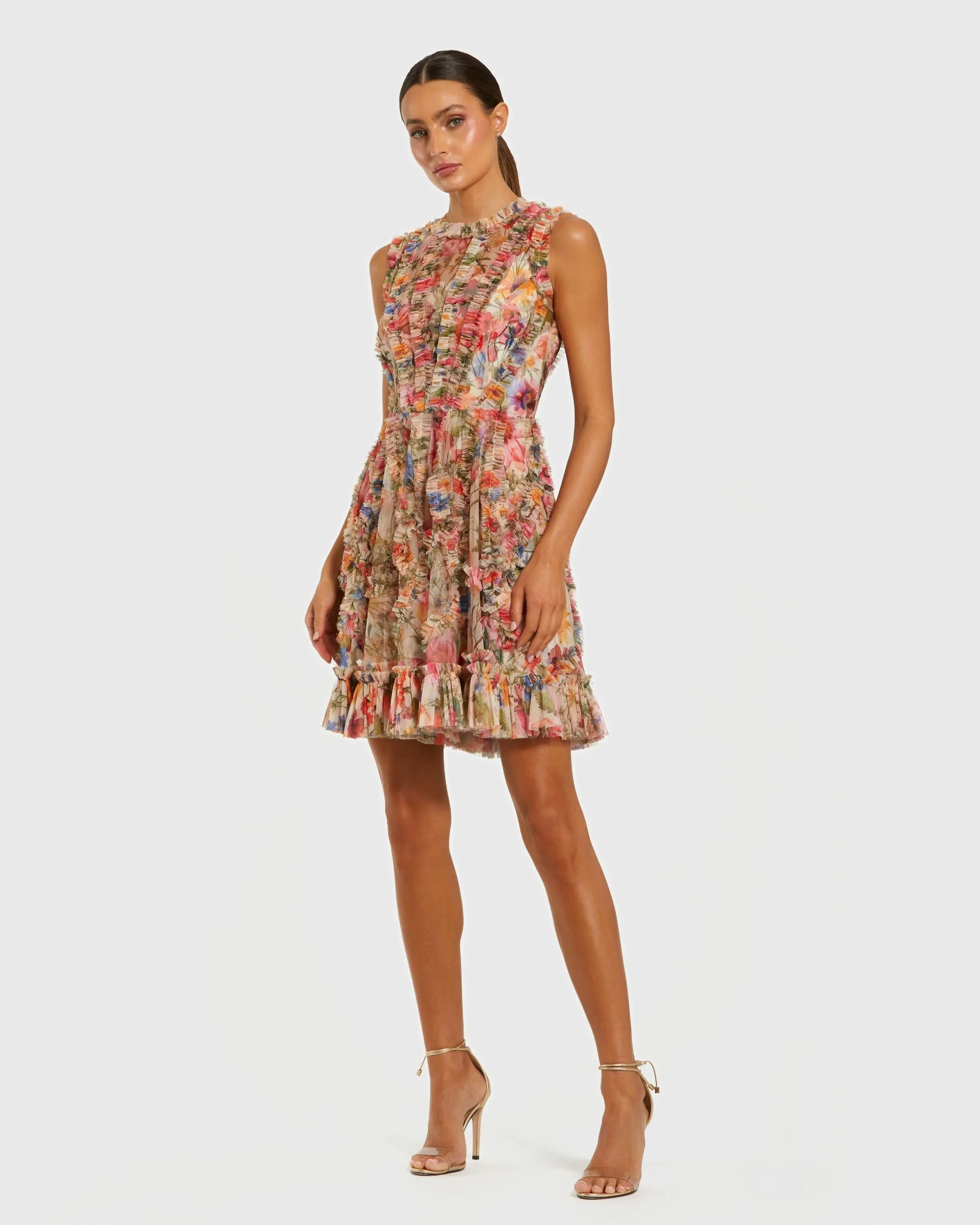 Multicolor Micro Ruffle High Neck A-Line Mini Dress