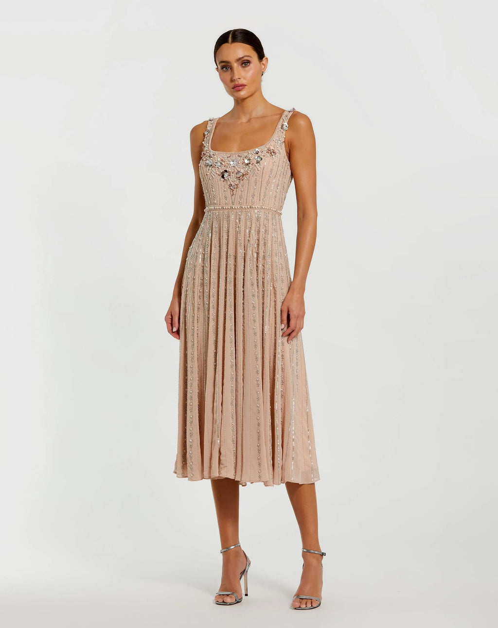 Pink Sleeveless Scoop Neck Embellished Midi Dress