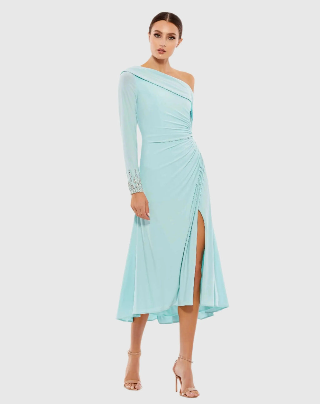 Foldover Long Sleeve Jeweled Midi Dress