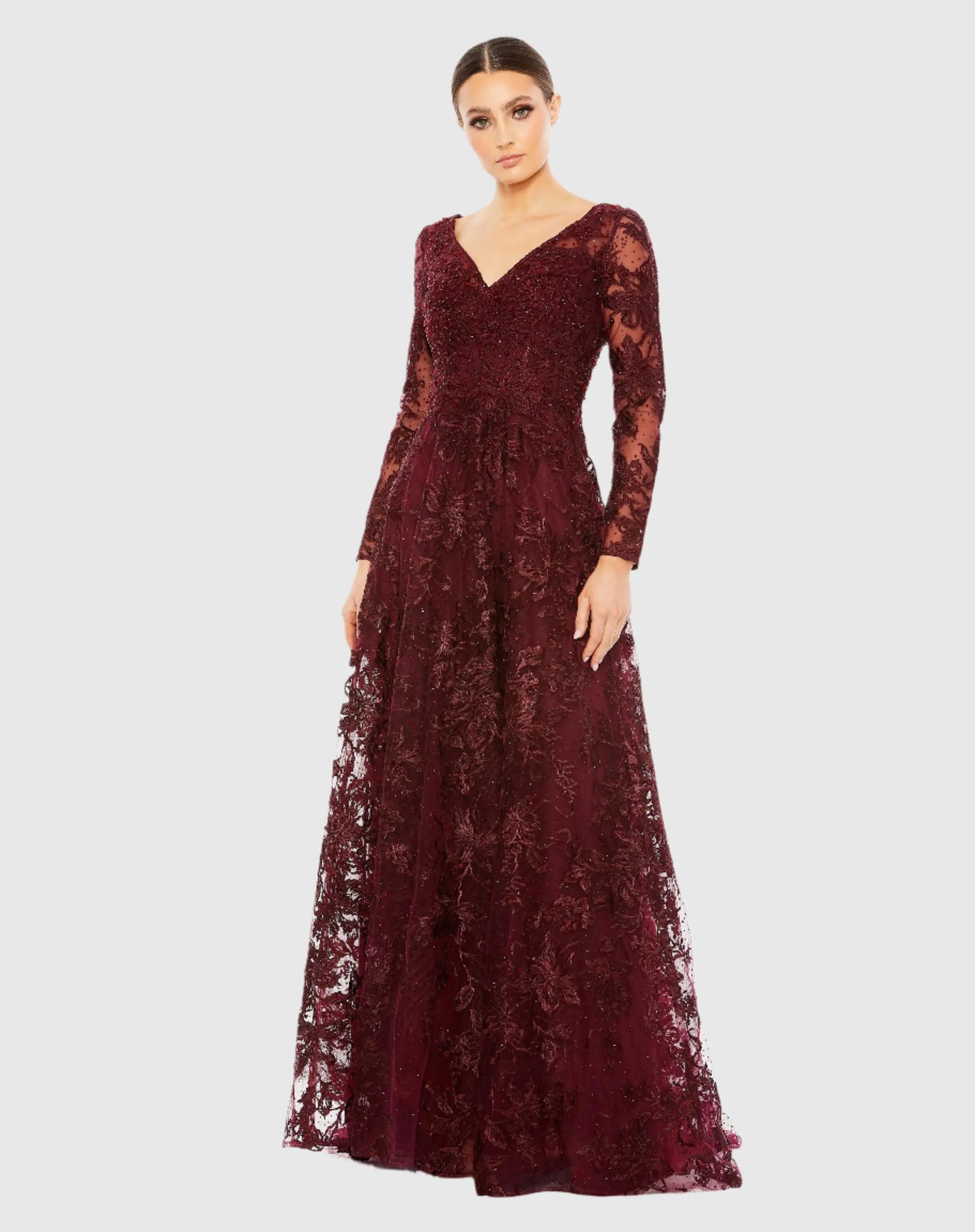 Red Embroidered Illusion Long Sleeve V Neck Gown