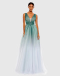 Green Glitter Ombre V Neck Sleeveless Gown