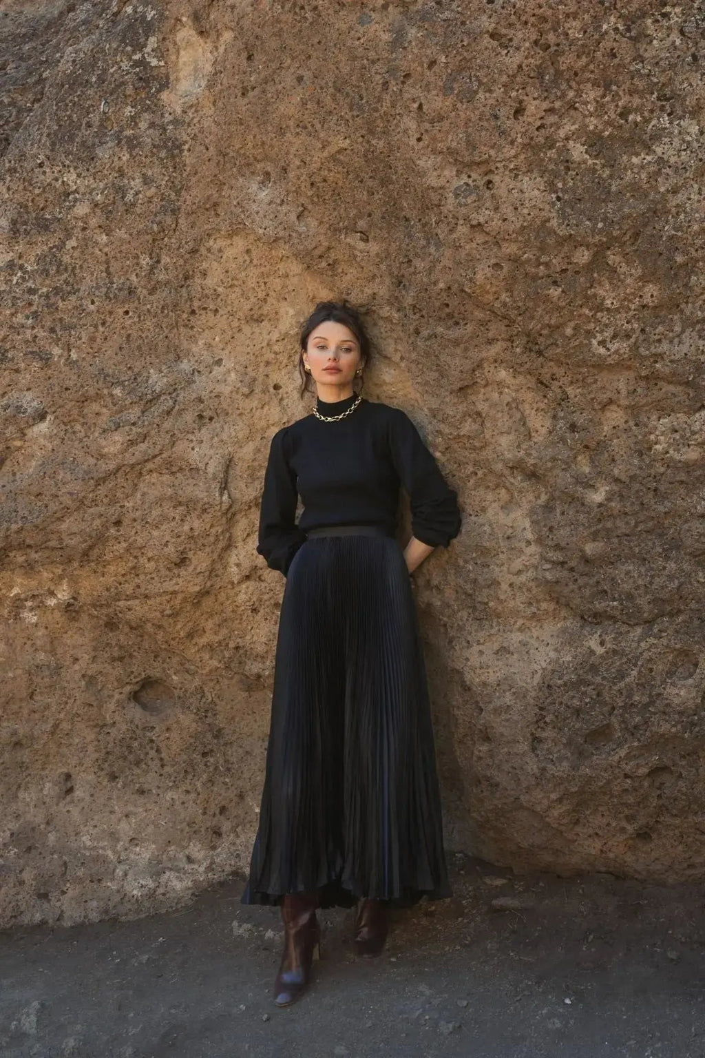 Black Pleated Satin Maxi Skirt