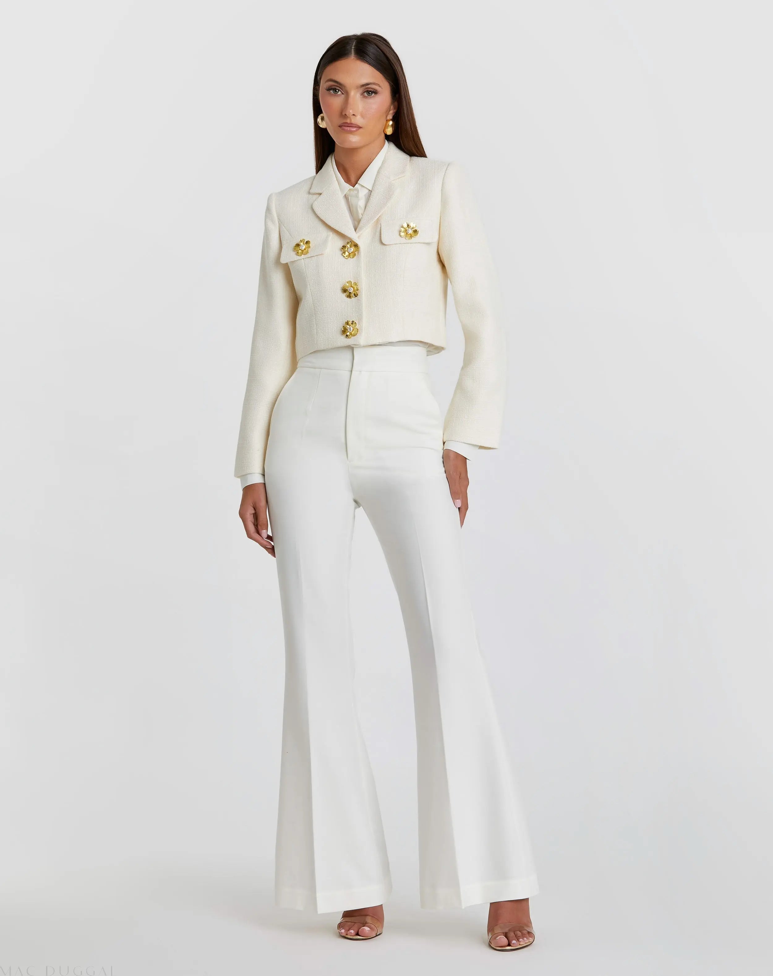 White Cropped Tweed Floral Button Jacket - FINAL SALE