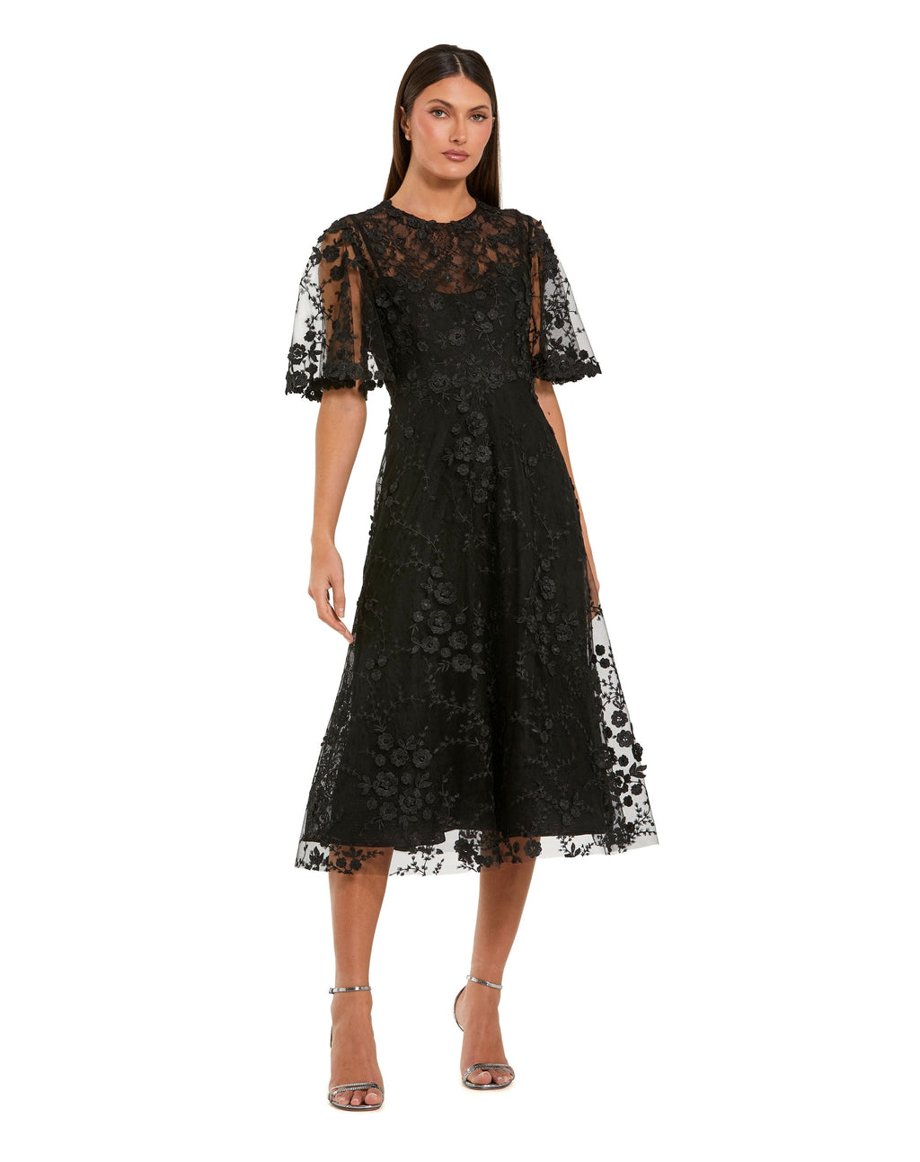 Floral Embroidered Mesh Midi Dress with Flutter Sleeves